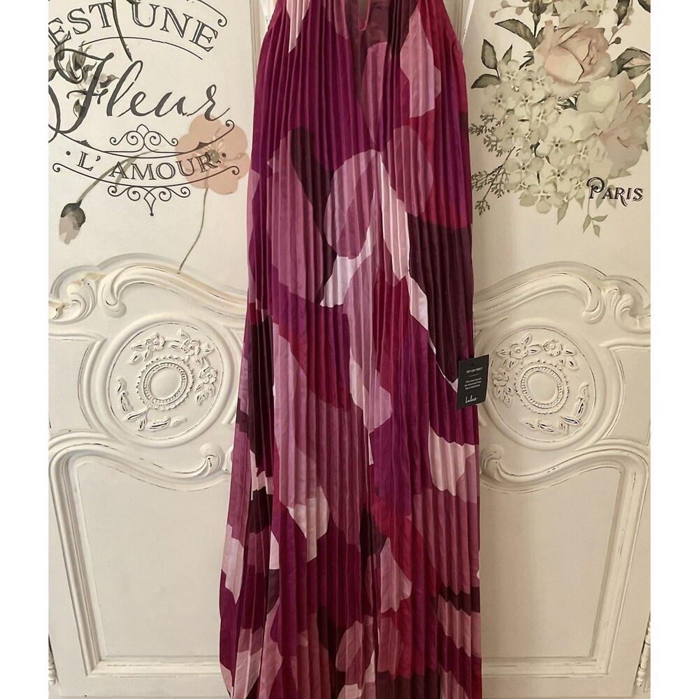 Lulus Prime Poise Dress Pink Maxi Multi Abstract Satin Halter Size M NWT - Picture 6 of 11